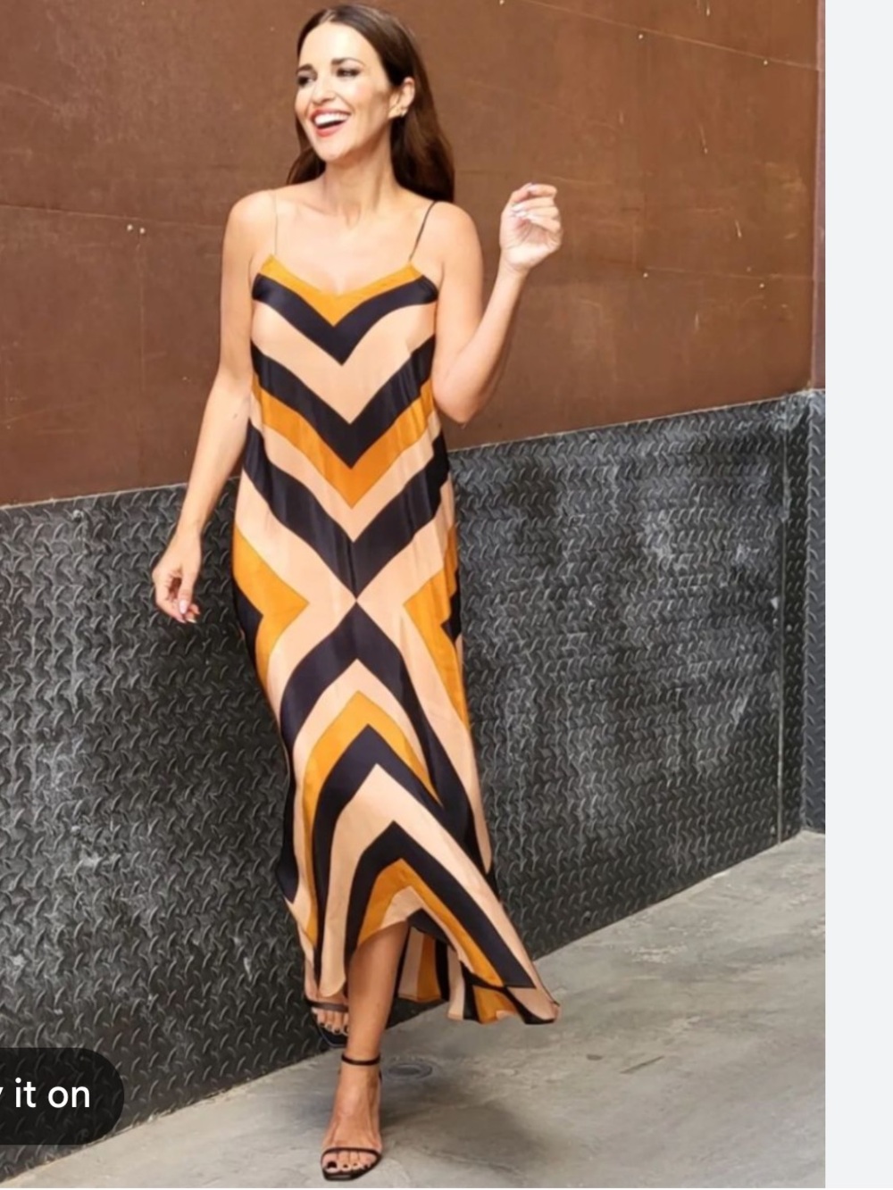 Mango Striped Chevron Dress  in Tan, Black & Orange